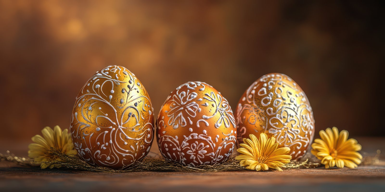 Decorative golden easter eggs displayed with flowers and twigs in a warm setting for spring celebrations